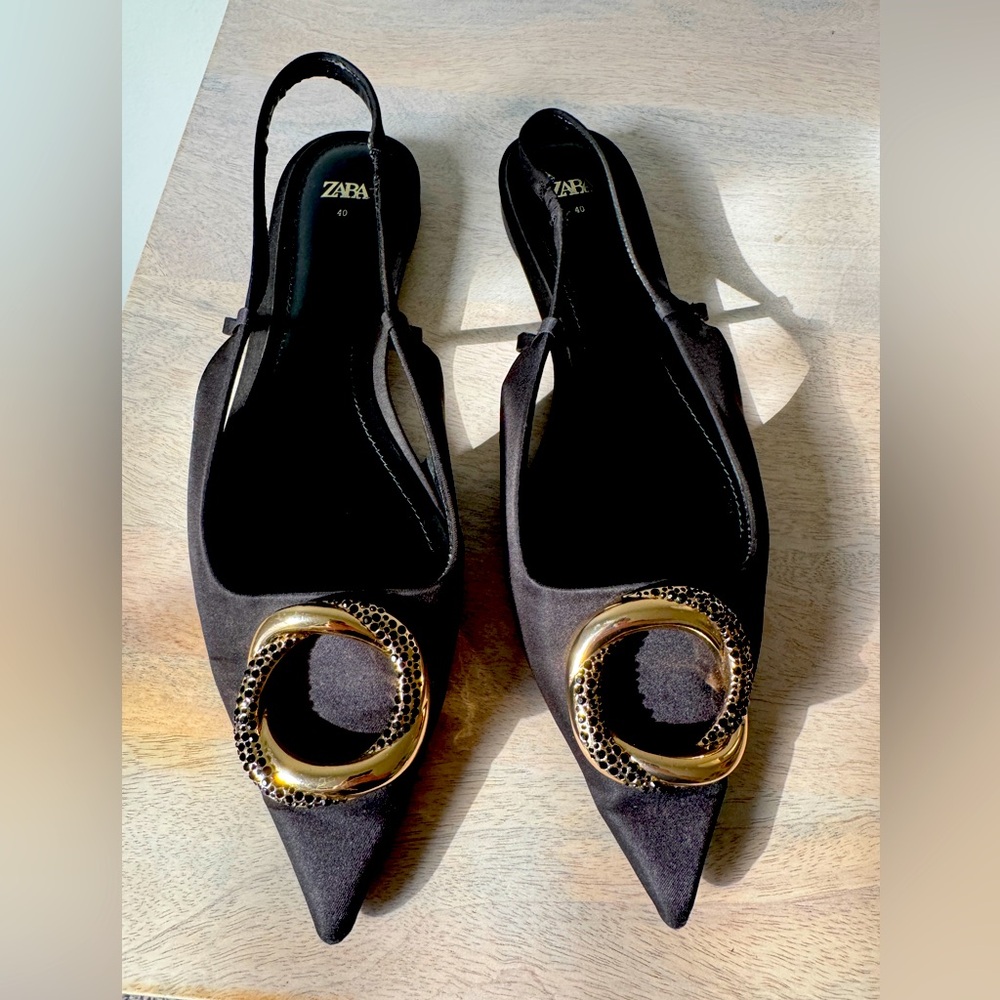 Zara Women's Black Slingbacks with Gold Accent Embellishment size 40 or 9